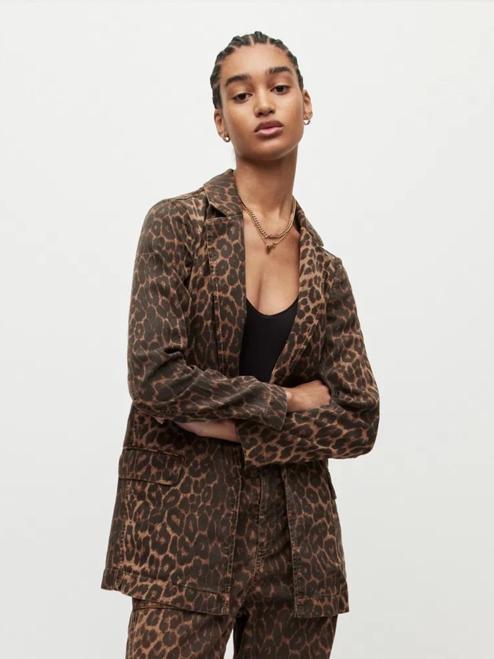 AllSaints Aleida leopard-print denim blazer